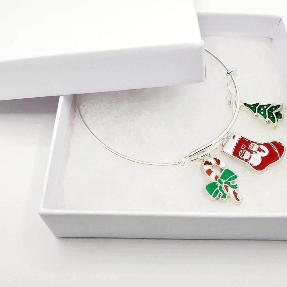 Silver Christmas Charm Bracelet, Candy Cane, Stocking, and Tree Charms